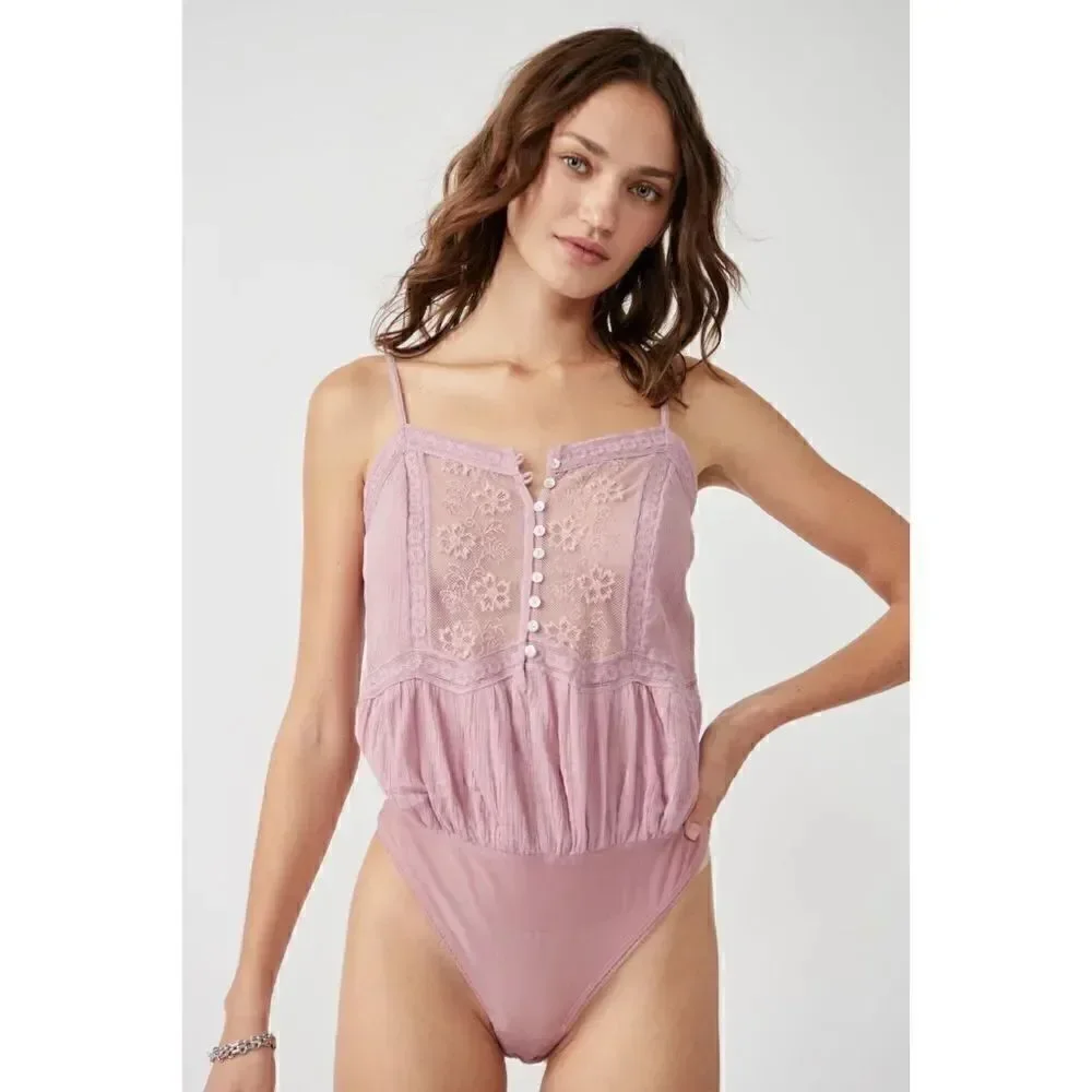 NWT Free People Still the One Lace Trim Cotton Bodysuit in La Fleur, Size XS